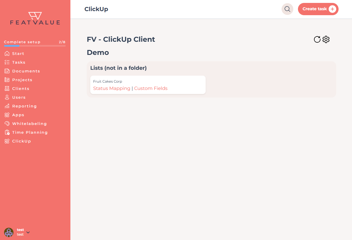Menu ClickUp no FeatValue