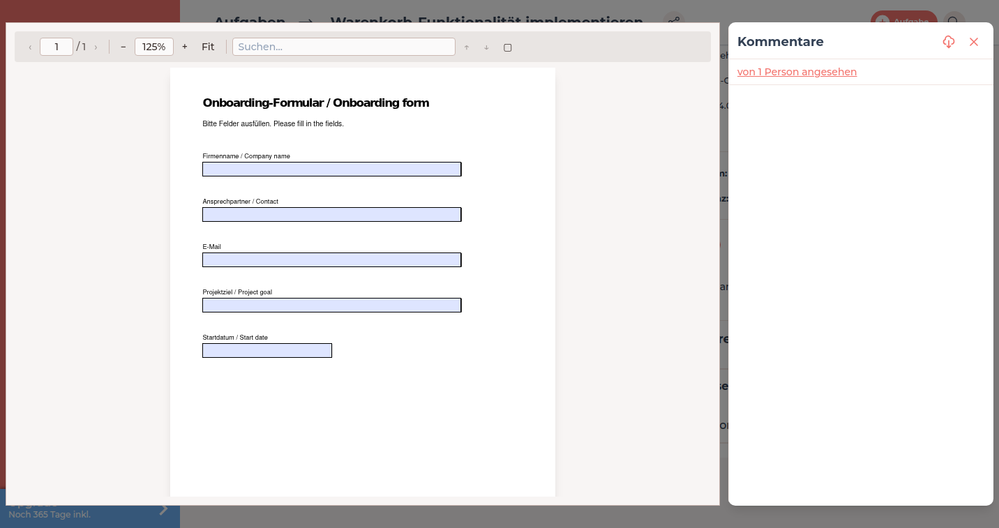 Geöffnete Aufgabe mit PDF-Viewer, Formulareingaben und Kommentarbereich