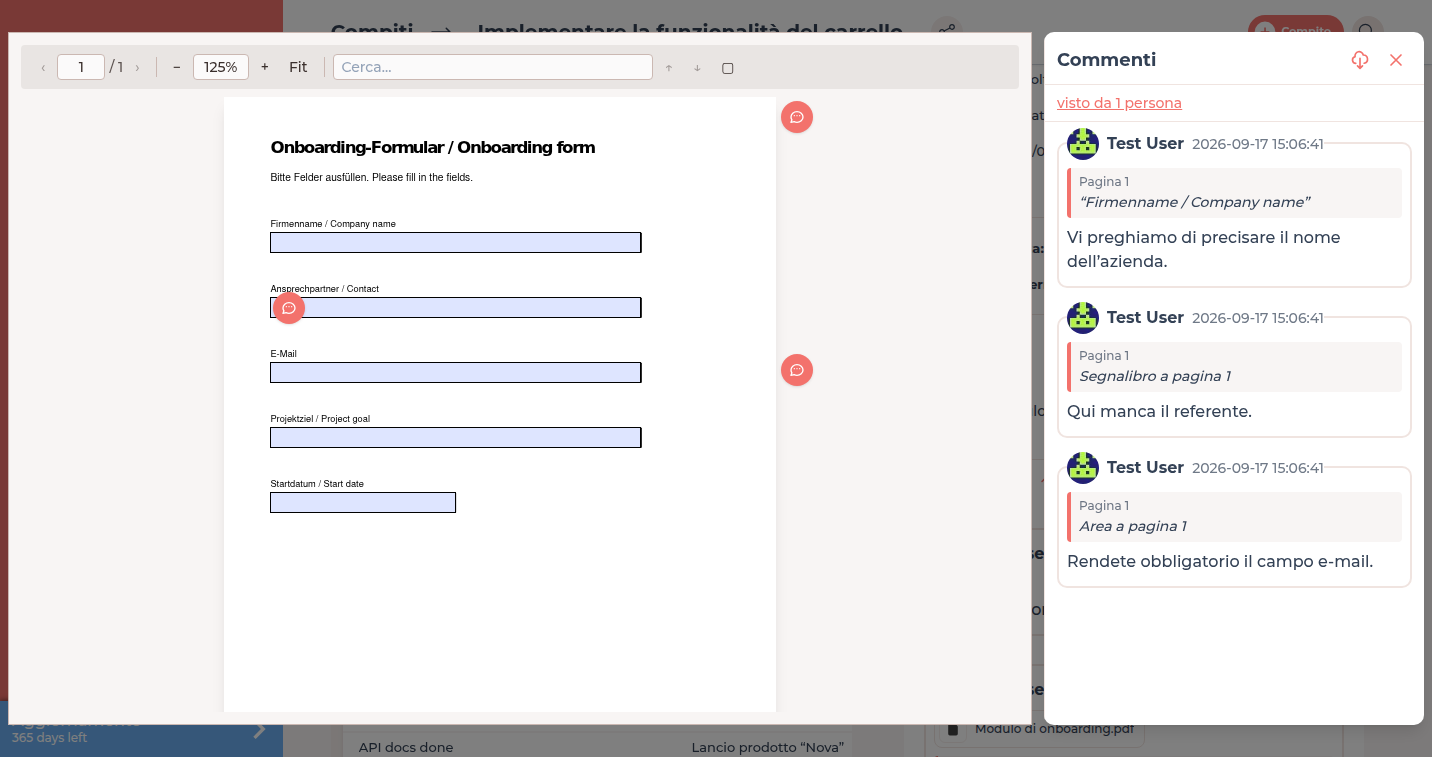PDF aperto con campi modulo e pannello commenti
