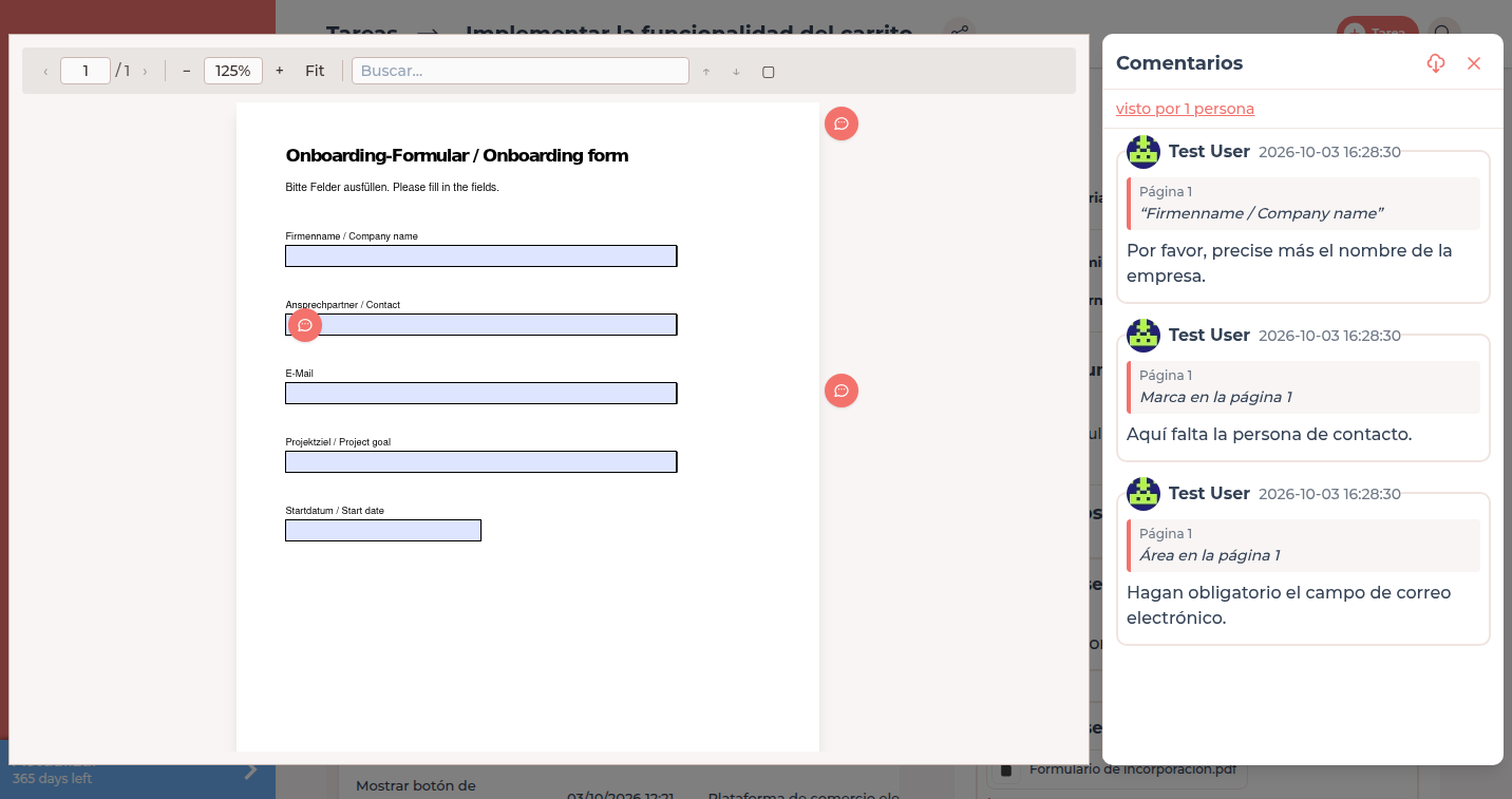 Tarea abierta con visor PDF, campos de formulario y zona de comentarios