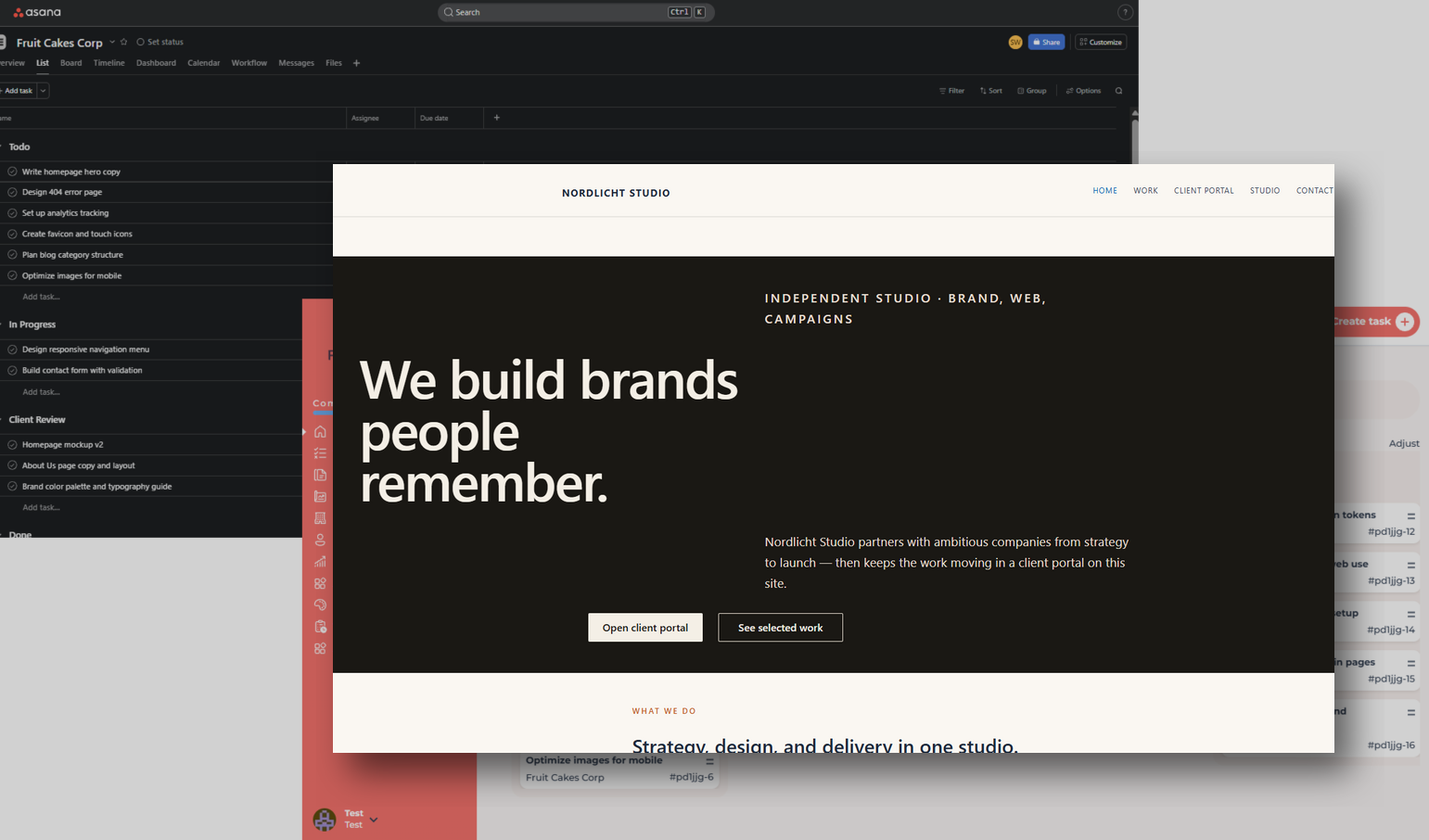 WordPress client site in front of the Asana workspace the team keeps using