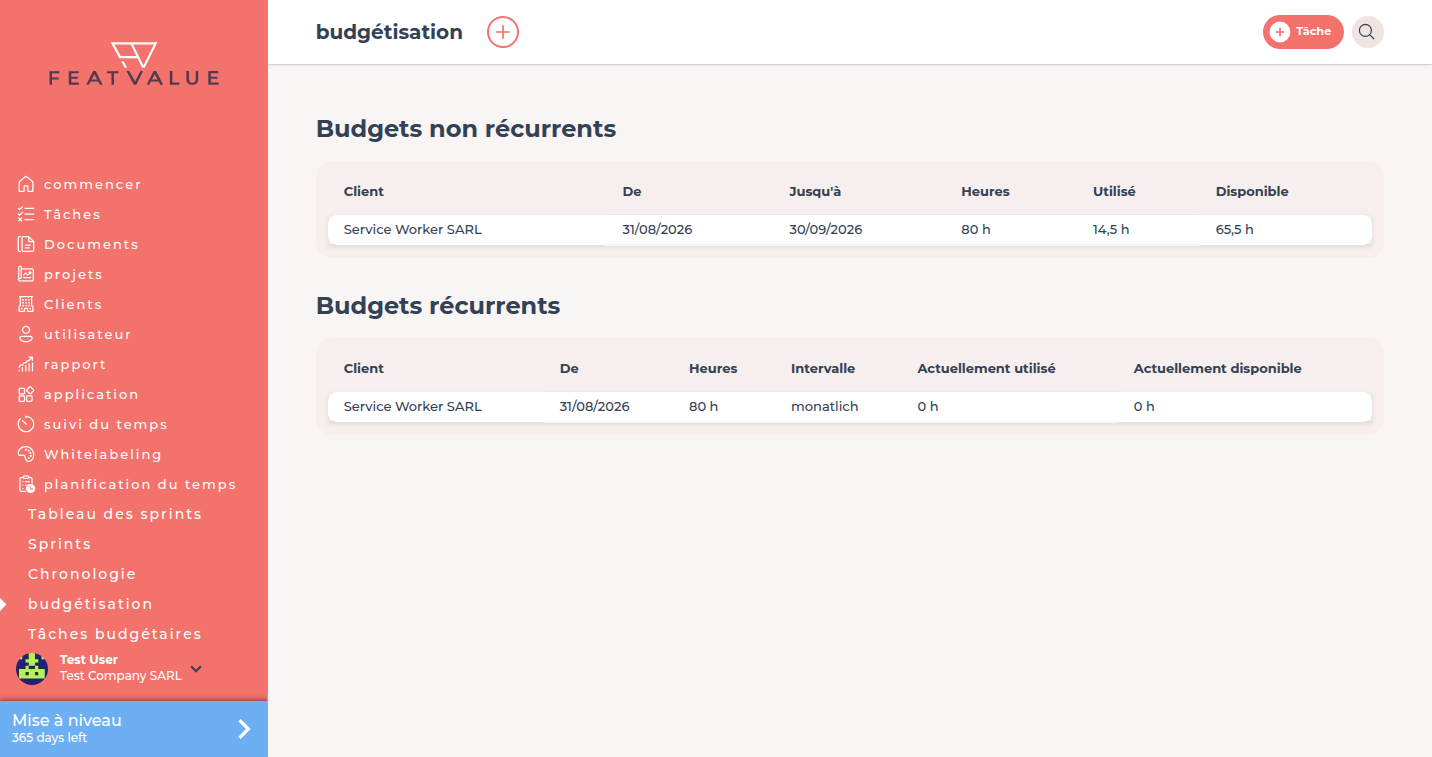 budgétisation avec Heures client uniques et récurrentes