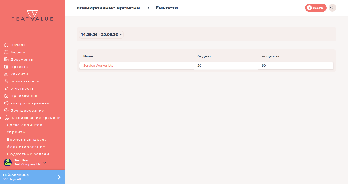 Емкости с выбором спринта, бюджетом и мощностью на клиента