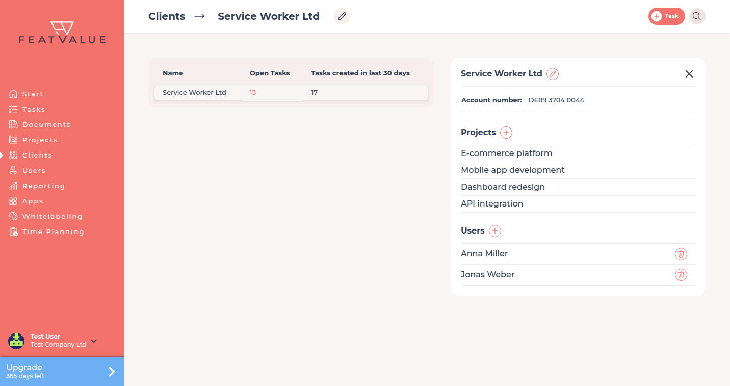 Client details with the filled Account number field above the project list