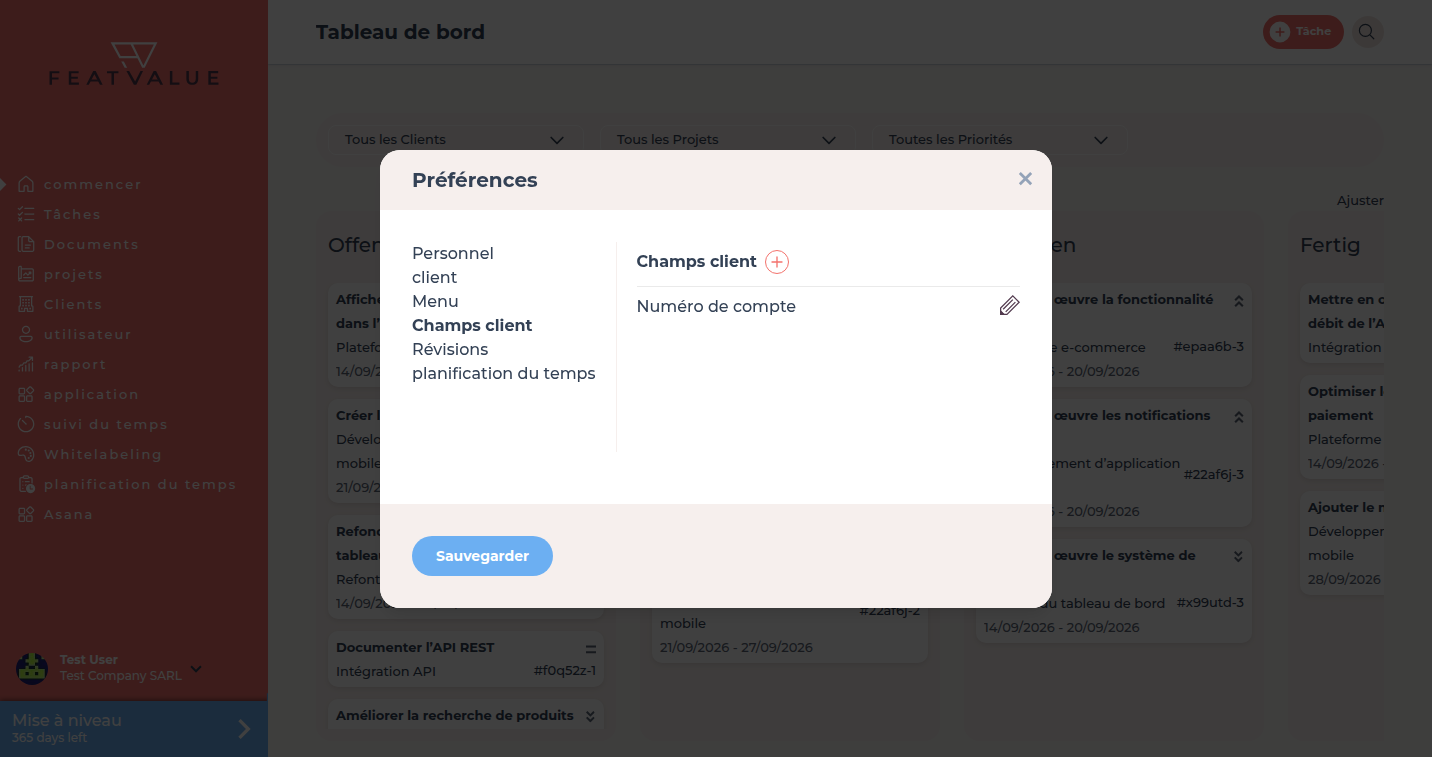 Dialogue Préférences avec l’onglet Champs client et l’exemple de champ numéro de compte