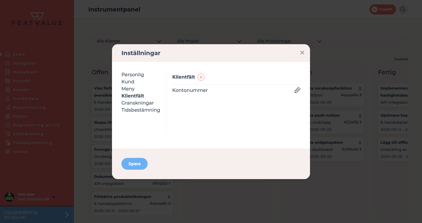 Dialogrutan Inställningar med fliken Klientfält och exemplet fältet Kontonummer