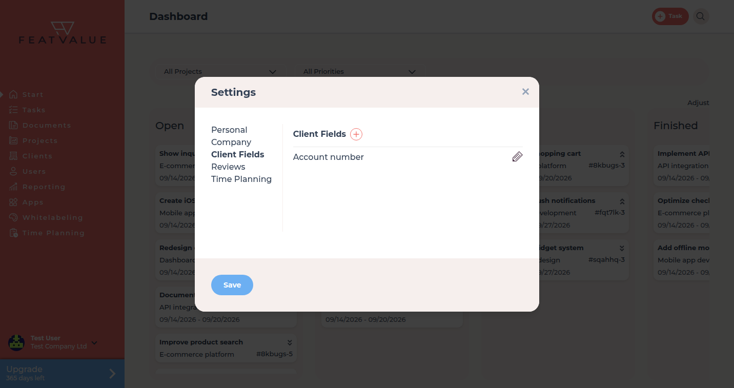 Settings dialog with the Client Fields tab and the example Account number field