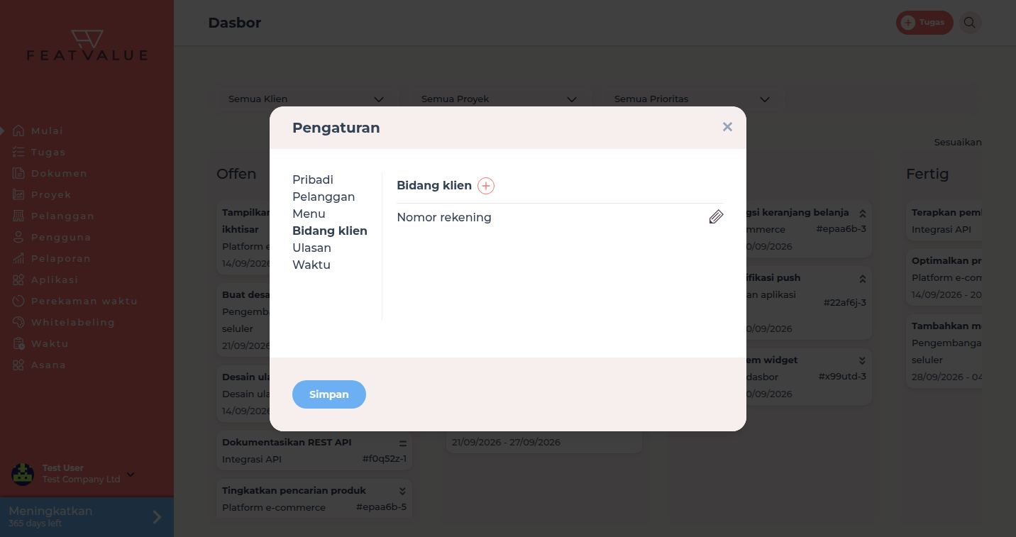 Dialog Pengaturan dengan tab Bidang klien dan contoh bidang nomor akun