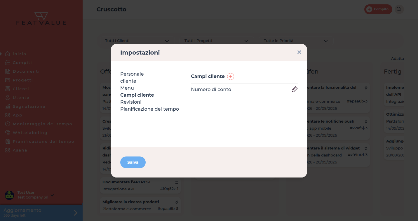 Finestra Impostazioni con la scheda Campi cliente e il campo di esempio Numero di conto