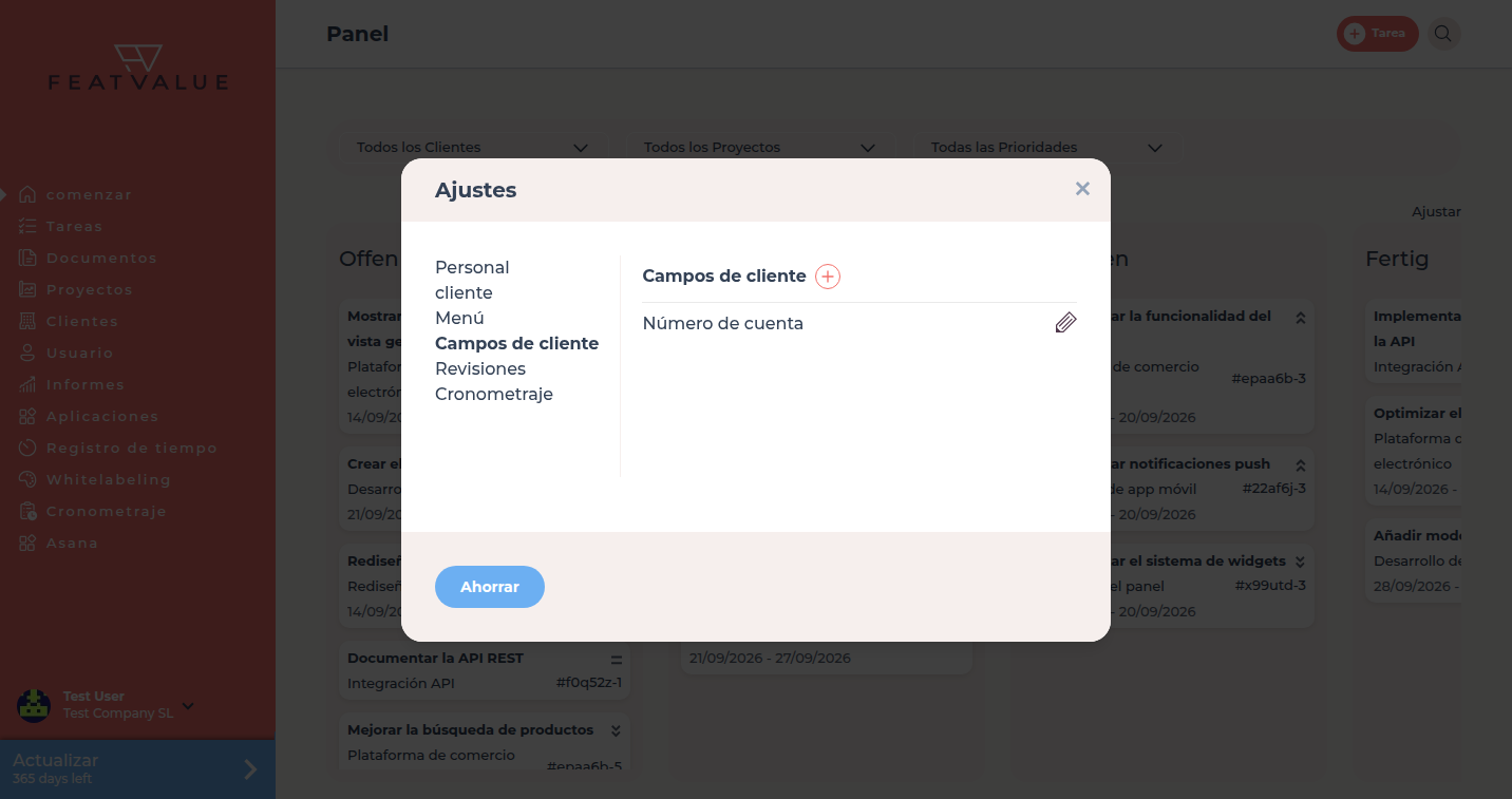 Diálogo Ajustes con la pestaña Campos de cliente y el ejemplo Campo número de cuenta