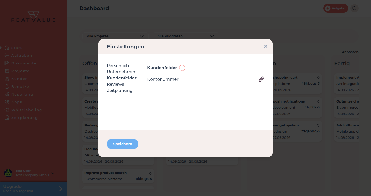 Dialog Einstellungen mit dem Reiter Kundenfelder und dem Beispiel Feld Kontonummer
