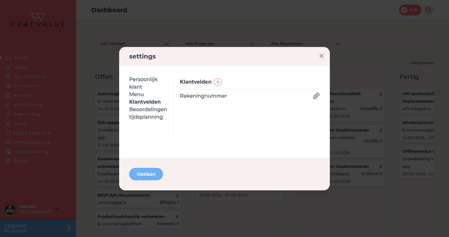 Dialoog settings met het tabblad Klantvelden en het voorbeeldveld rekeningnummer