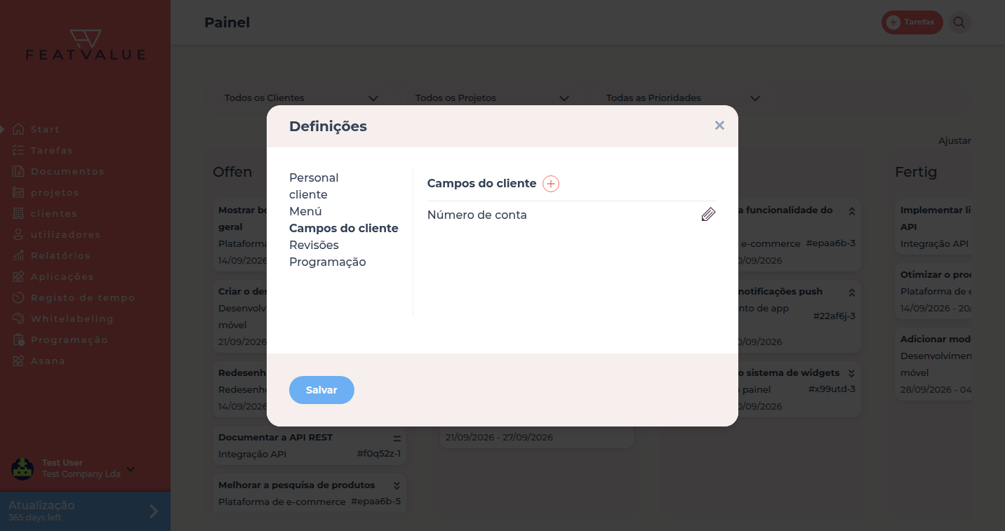 Diálogo Definições com o separador Campos do cliente e o campo de exemplo número de conta