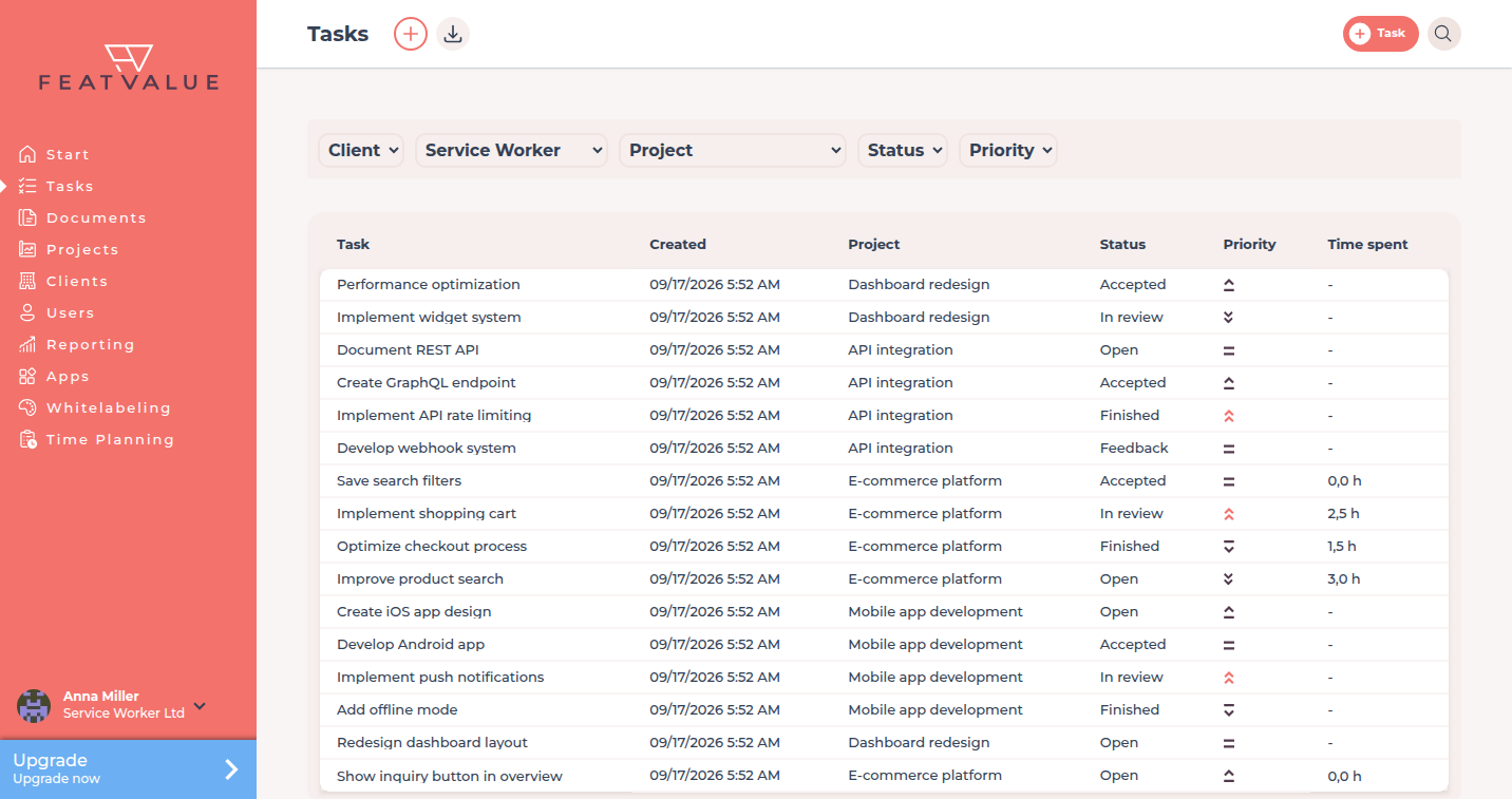 Task list in the client portal with the time spent column
