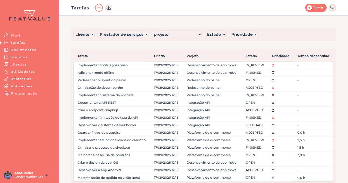 Lista de Tarefas no portal de clientes com a coluna tempo gasto