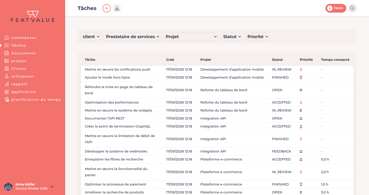 Liste de Tâches dans le portail client avec la colonne temps passé