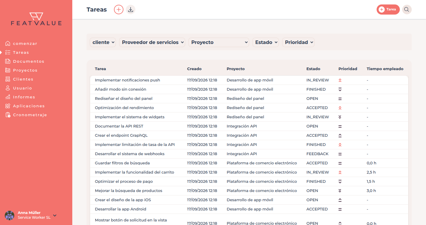Lista de Tareas en el portal de clientes con la columna tiempo empleado