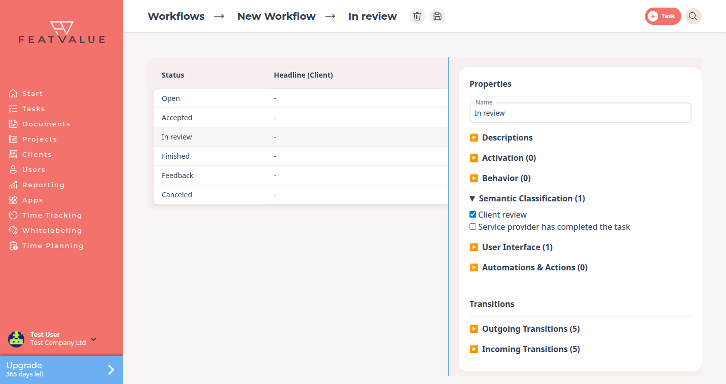 Status In review with the Client review toggle enabled