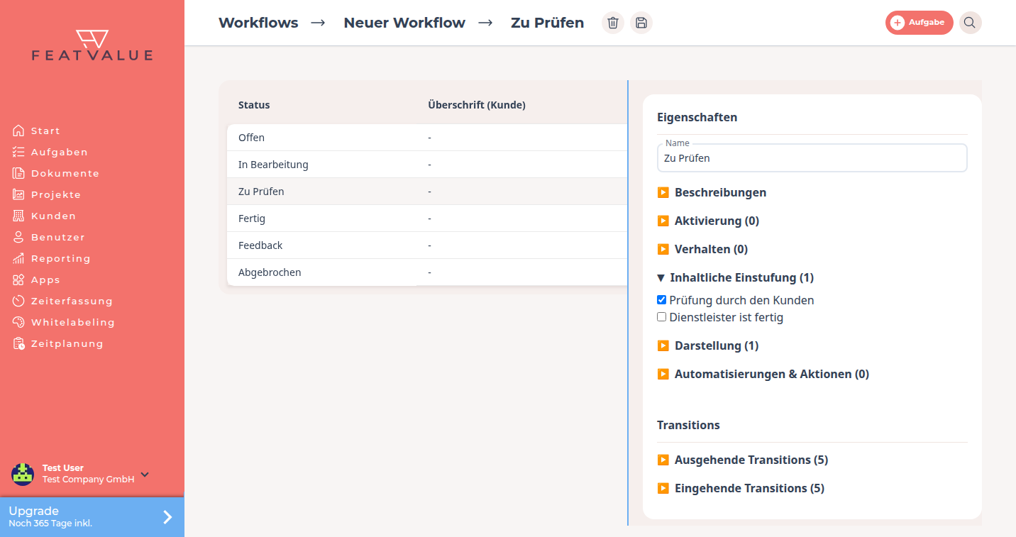 Status Zu Prüfen mit aktiviertem Schalter Prüfung durch den Kunden