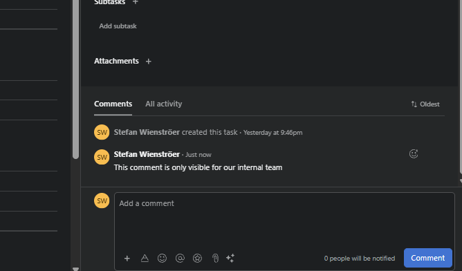 O seu Asana fica interno—o cliente só vê FeatValue – Asana