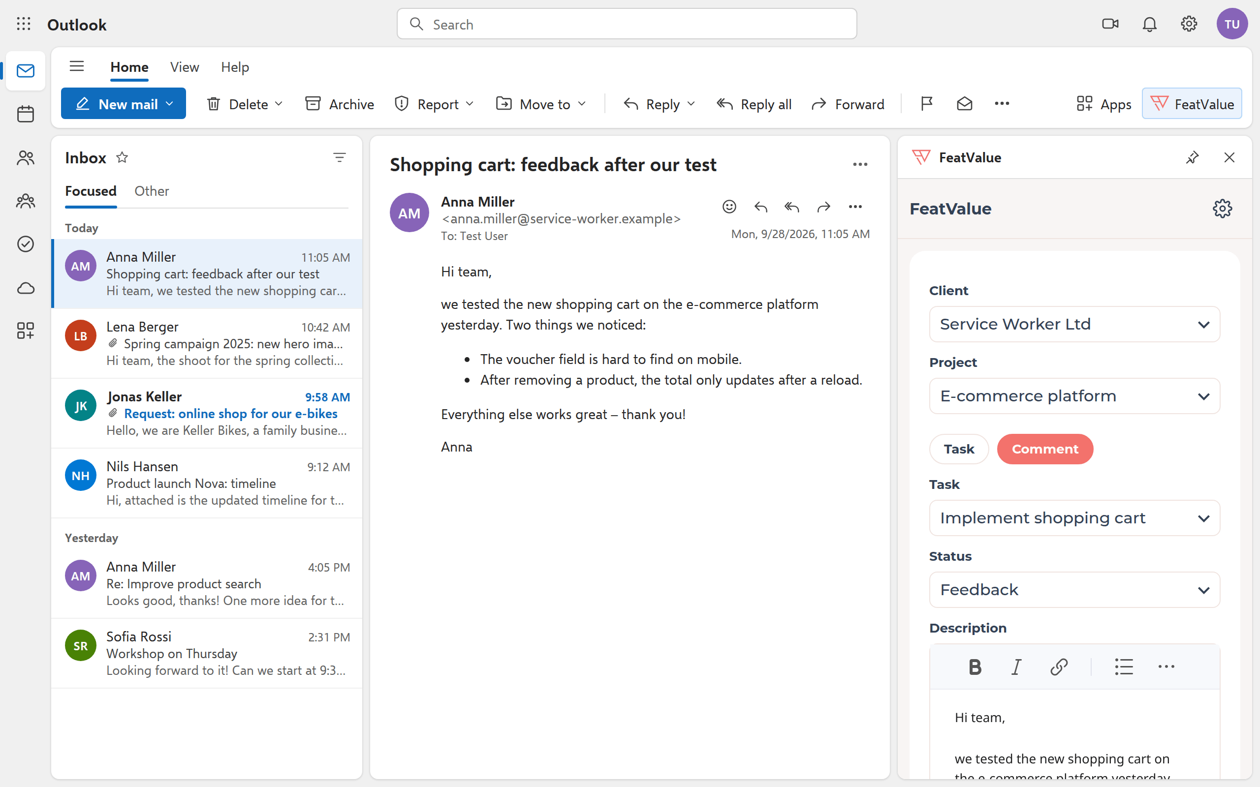 Aufgabenbereich im Modus Kommentar mit ausgewählter Aufgabe und neuem Status Feedback
