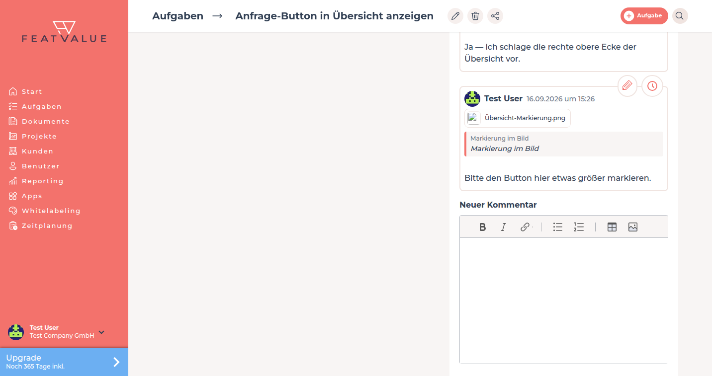 Aufgabendetails mit Kommentarverlauf mehrerer Personen und dem Feld Neuer Kommentar