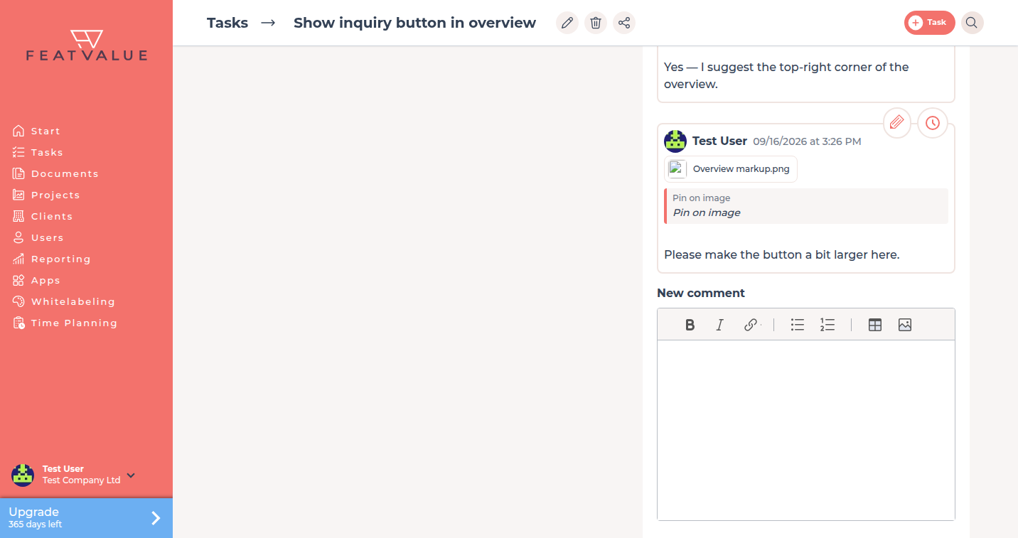 Task details with a multi-person comment thread and the New comment field