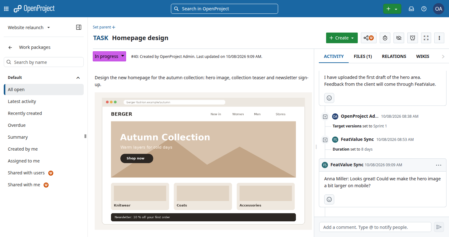 OpenProject tetap ruang kerja Anda, klien melihat FeatValue – OpenProject