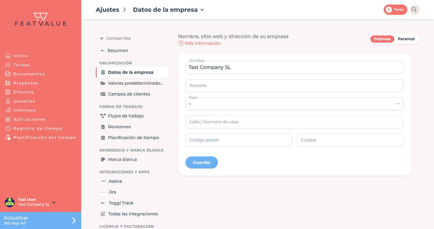 Página de datos de la empresa con nombre, sitio web y dirección