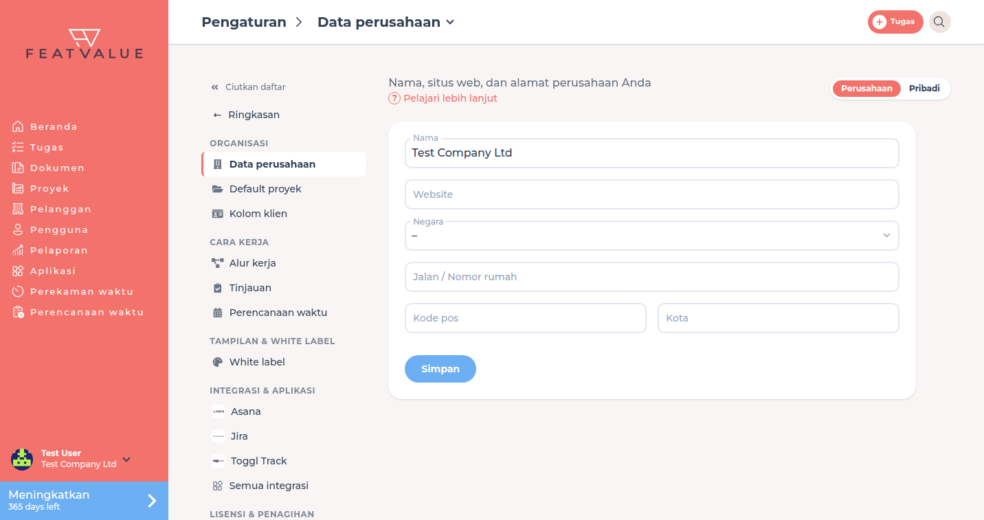 Halaman data perusahaan dengan nama, situs web, dan alamat