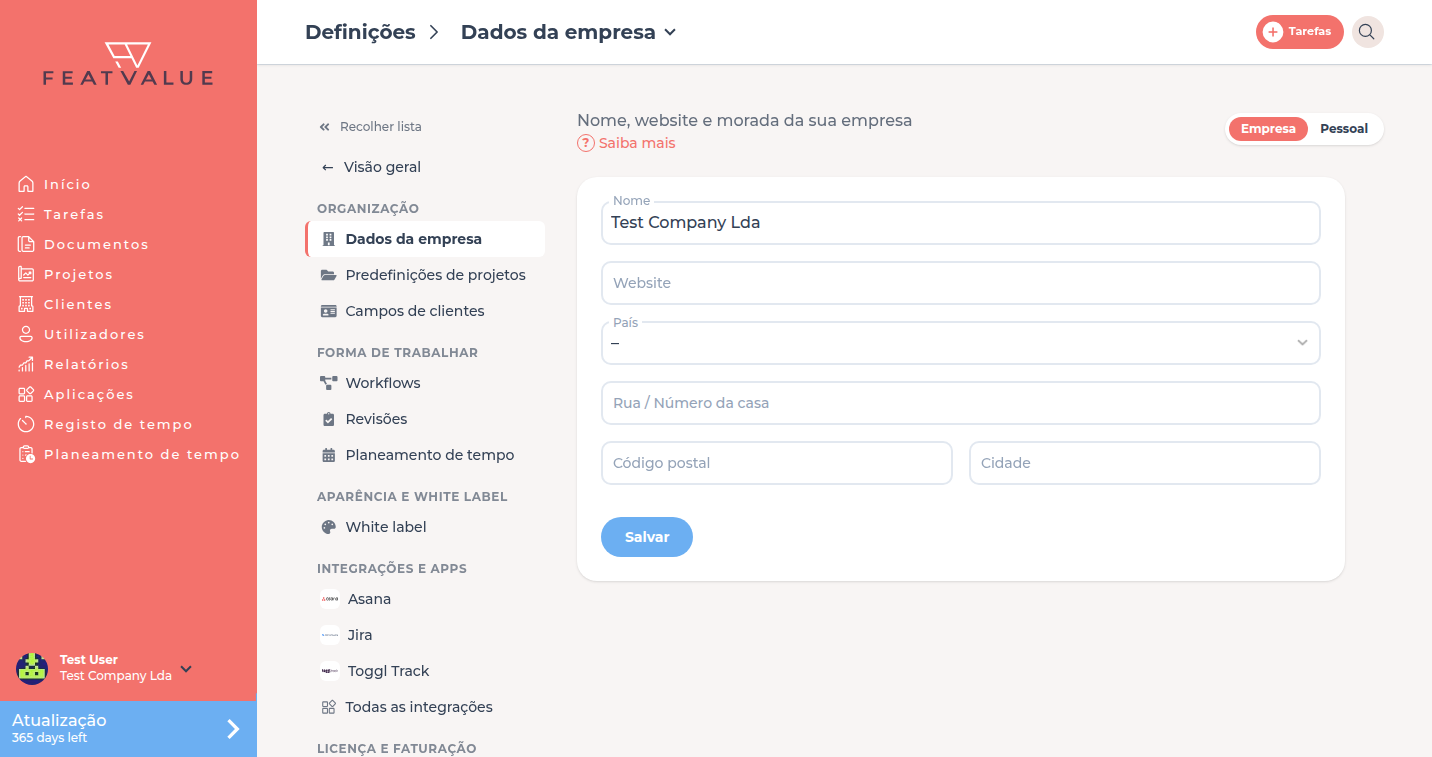 Página de dados da empresa com nome, site e morada