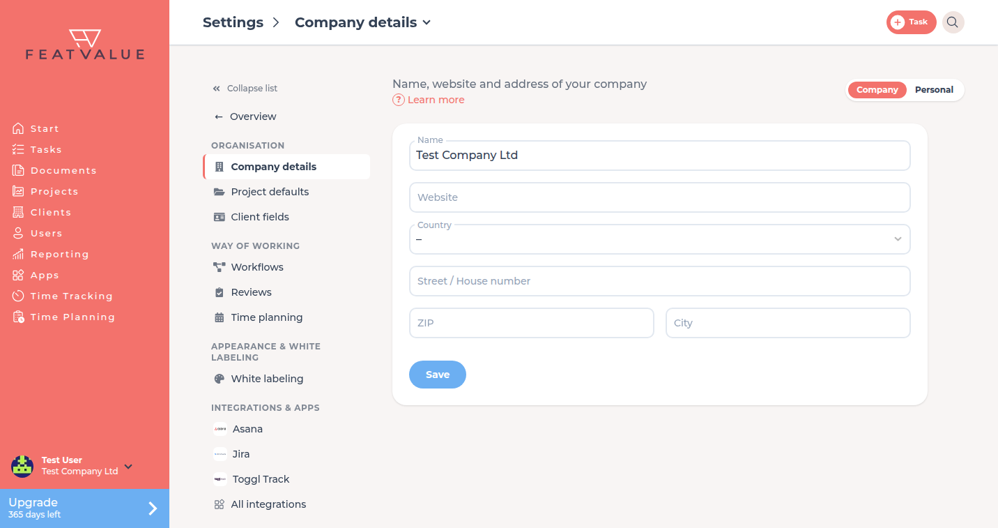 Company details page with name, website and address