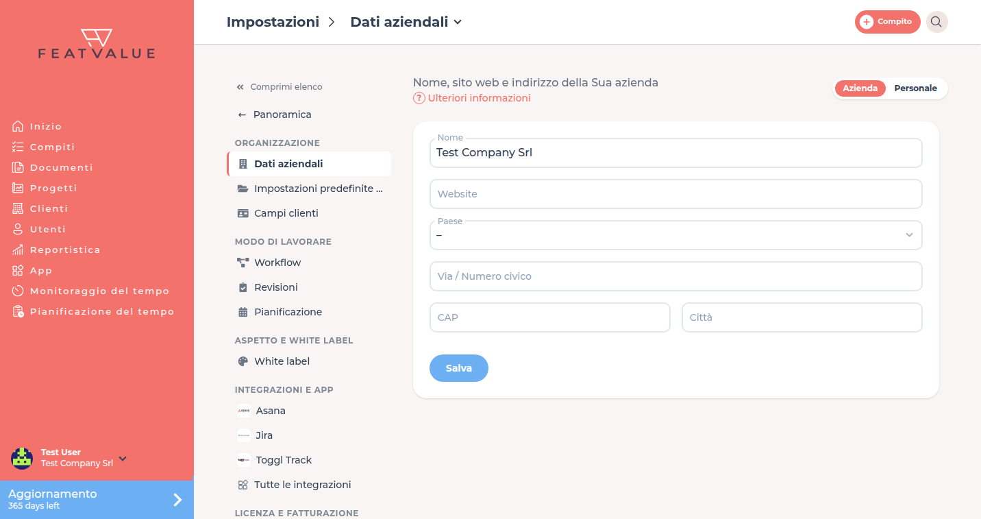 Pagina dei dati aziendali con nome, sito web e indirizzo