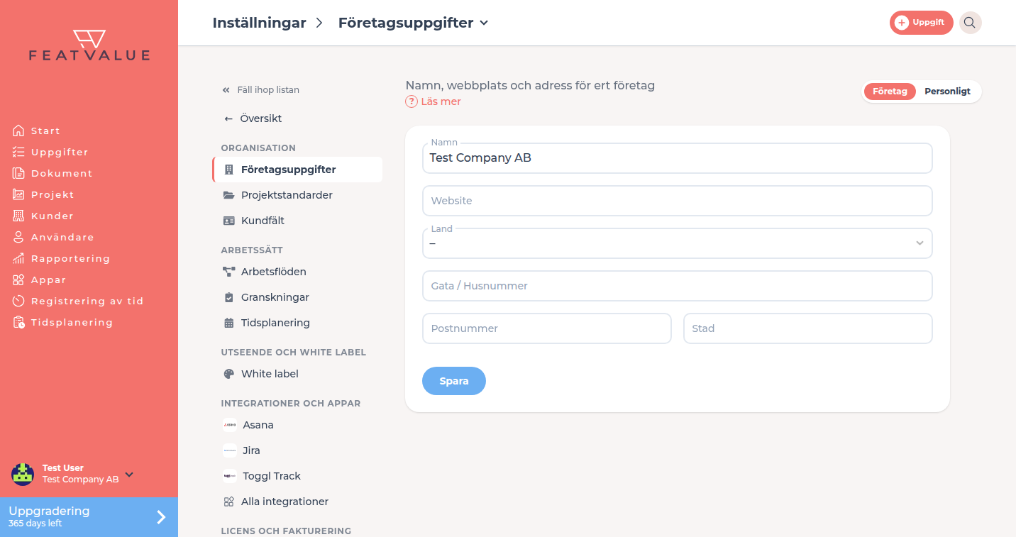 Sidan med företagsuppgifter: namn, webbplats och adress