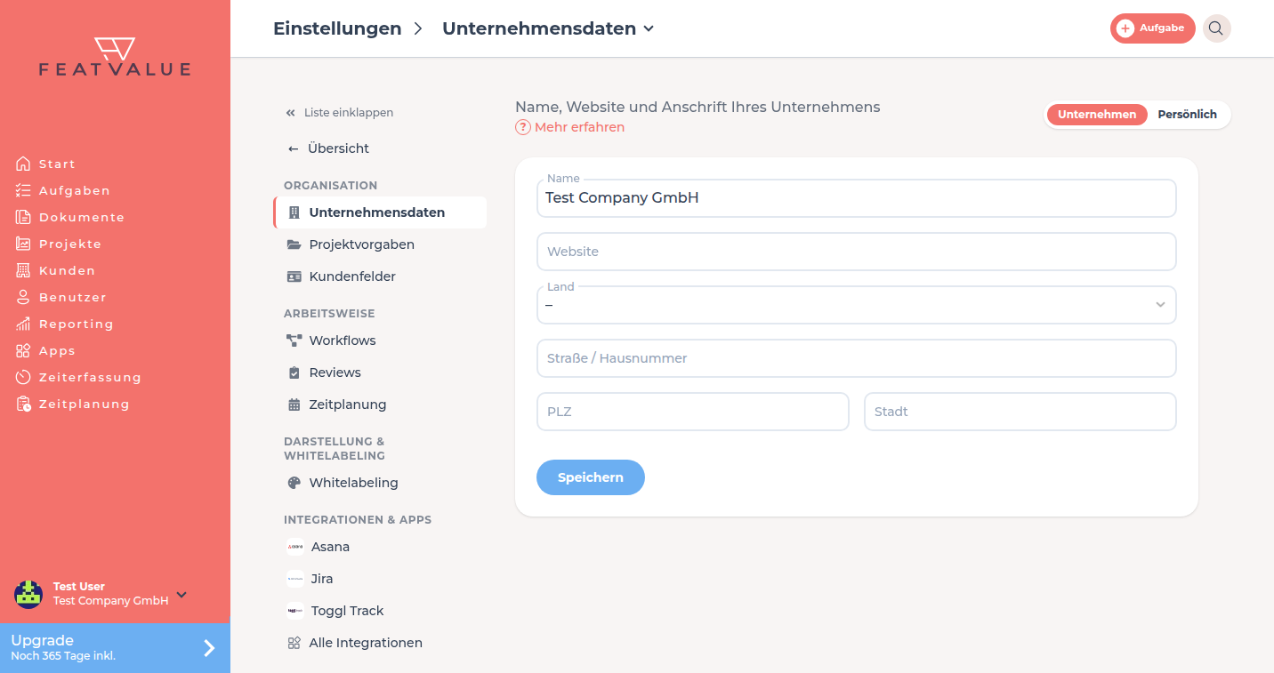 Detailseite Unternehmensdaten mit Name, Website und Anschrift