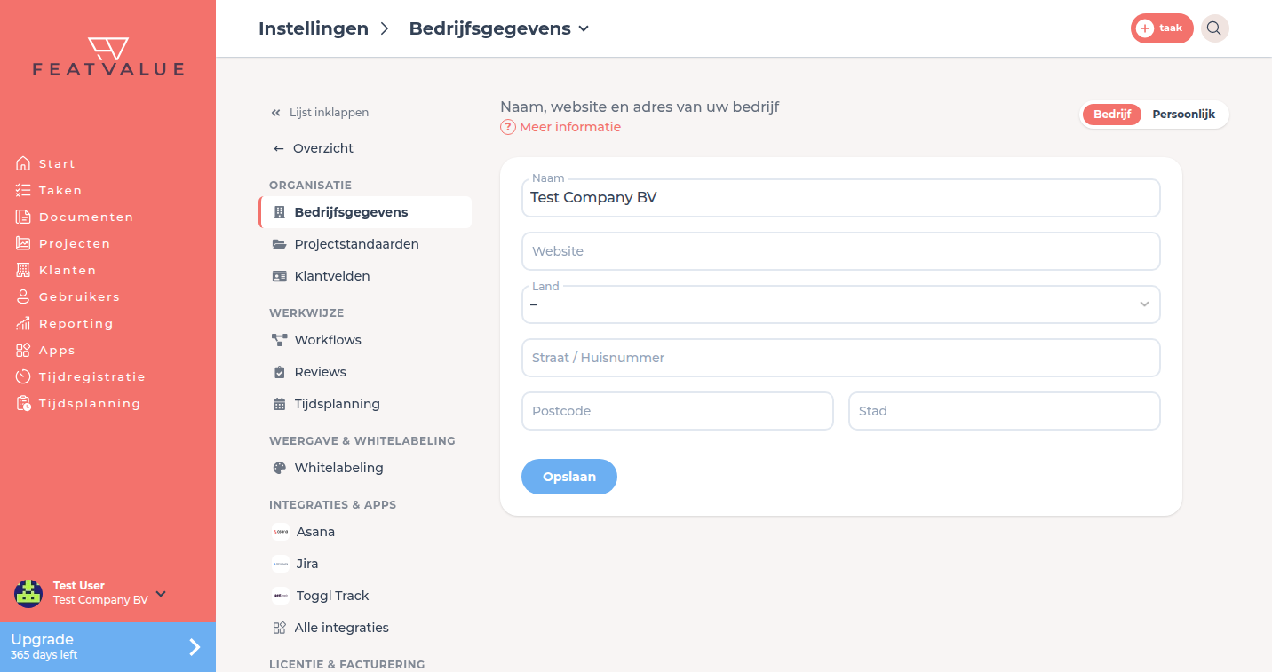 Pagina bedrijfsgegevens met naam, website en adres