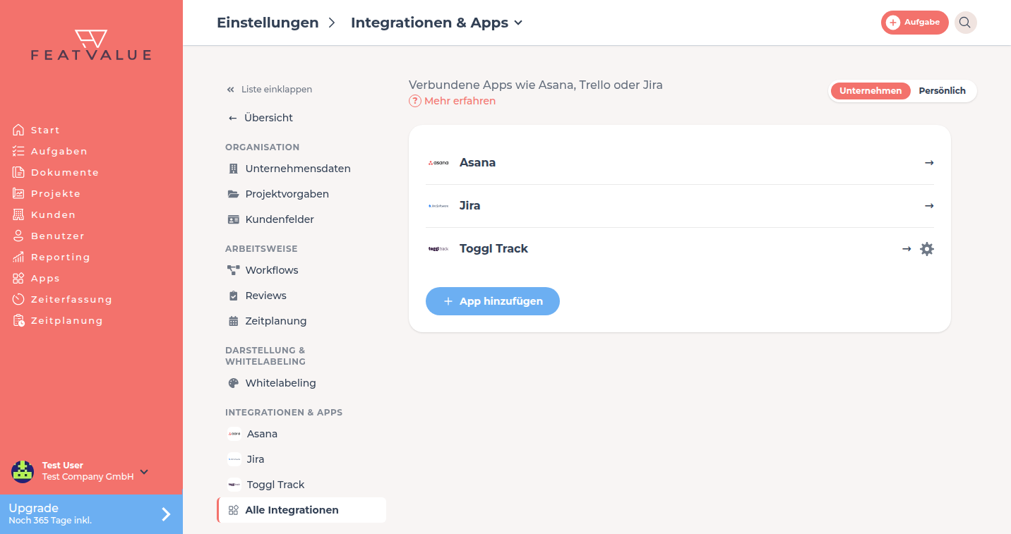 Detailseite Integrationen und Apps mit der Liste der verbundenen Apps und App hinzufügen