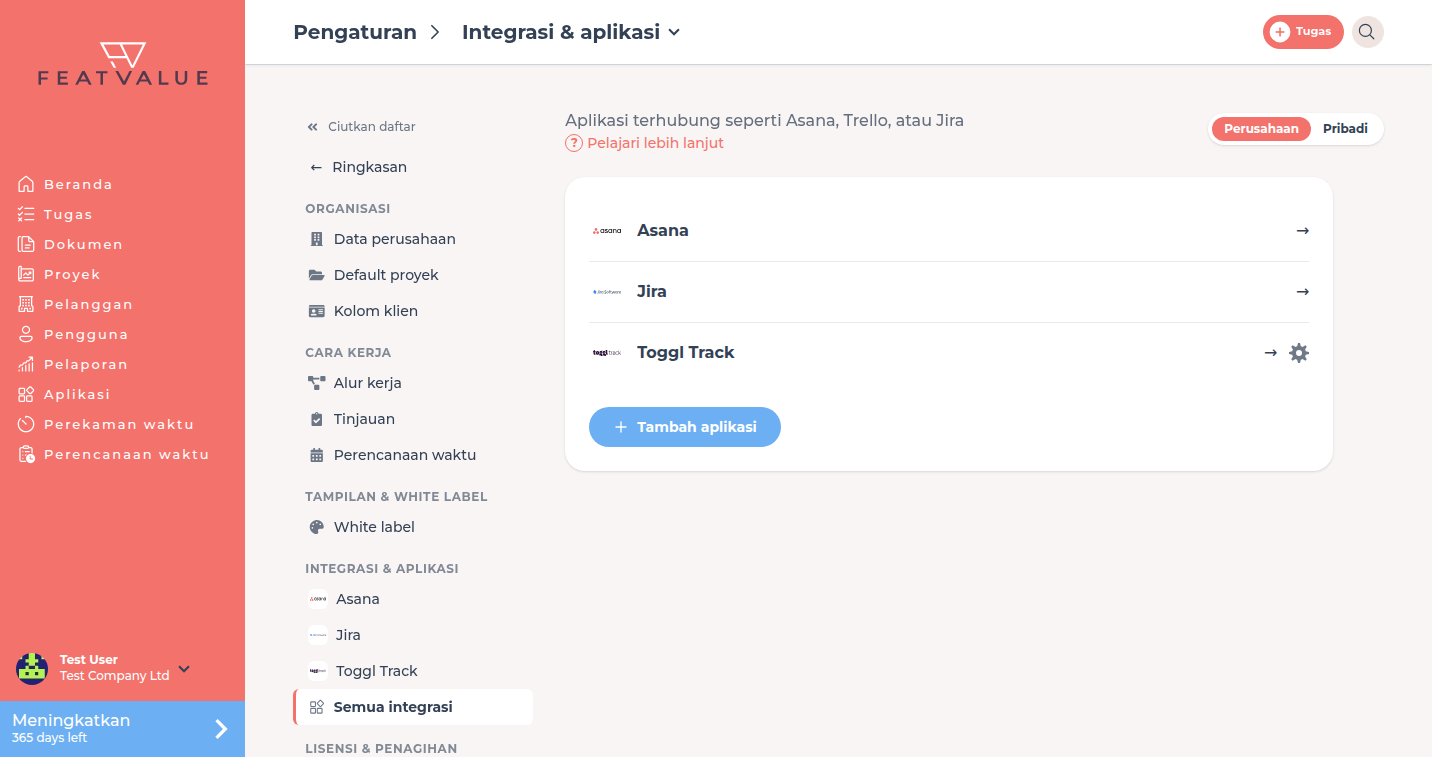 Halaman detail Integrasi dan aplikasi dengan daftar aplikasi terhubung dan Tambah aplikasi