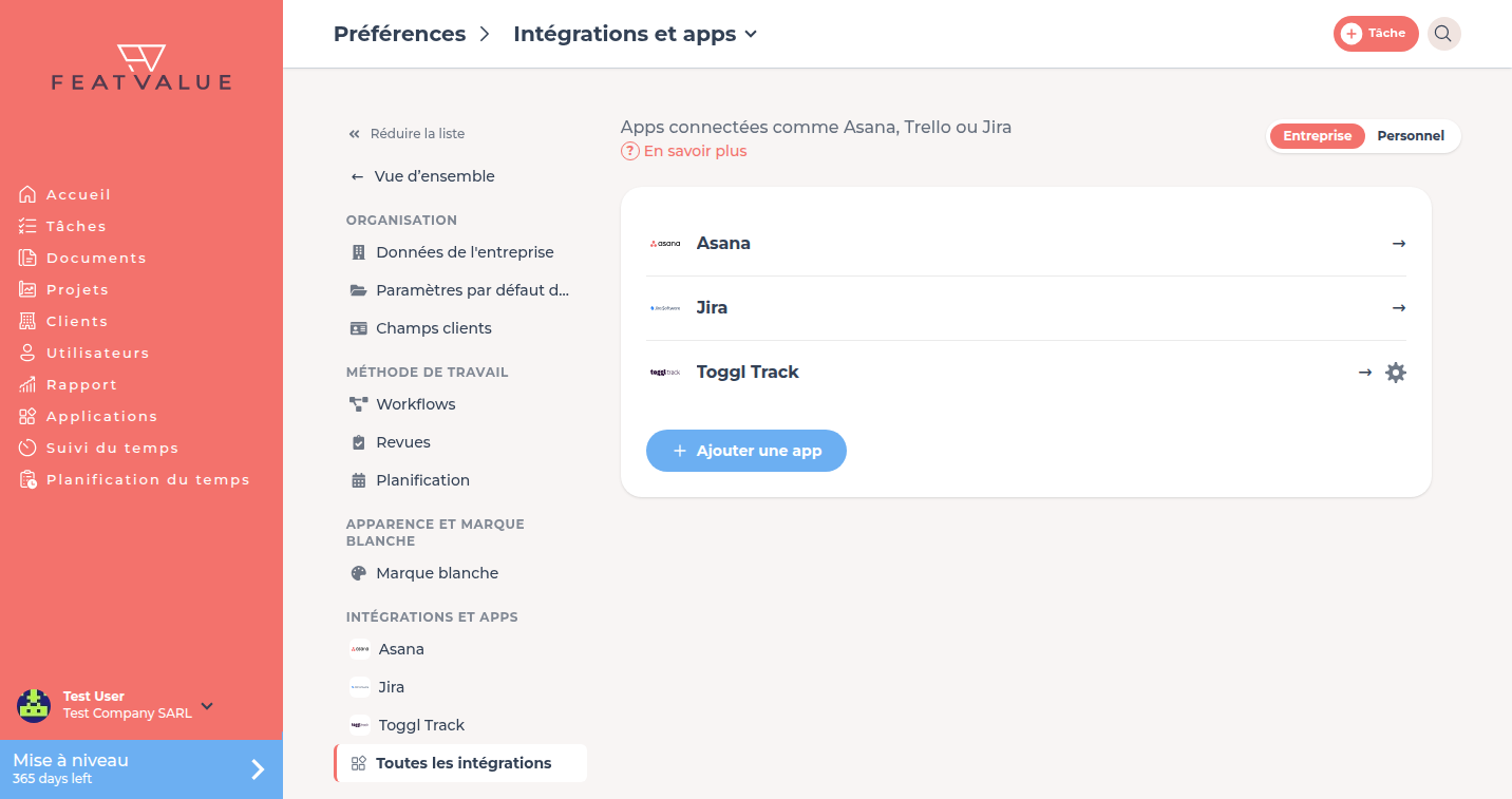 Page de détail Intégrations et apps avec la liste des apps connectées et Ajouter une app
