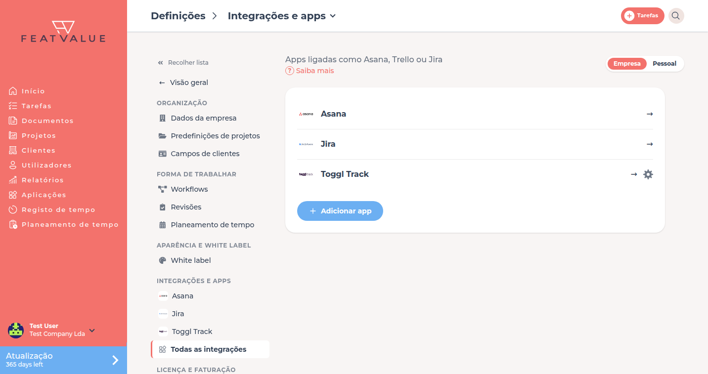 Página de detalhe Integrações e apps com a lista das apps ligadas e Adicionar app