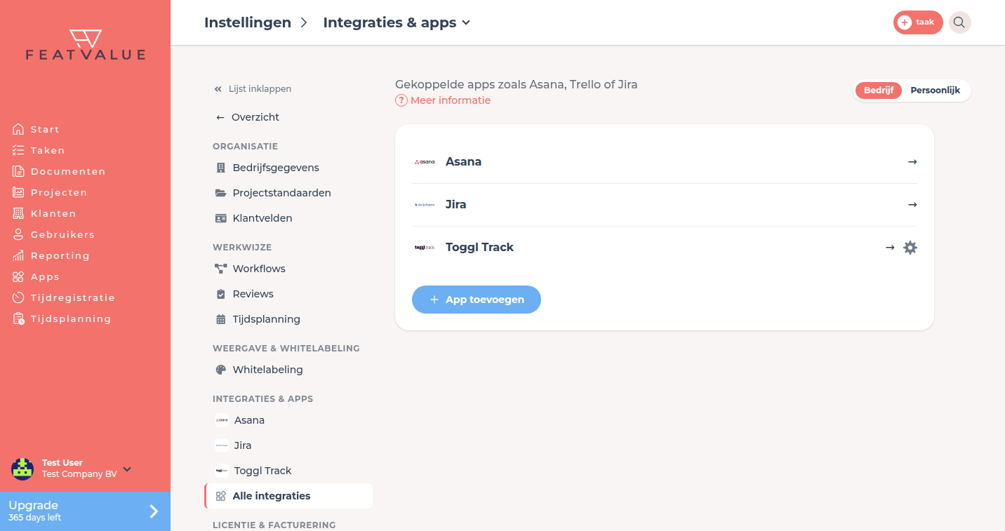 Detailpagina Integraties en apps met de lijst van gekoppelde apps en App toevoegen