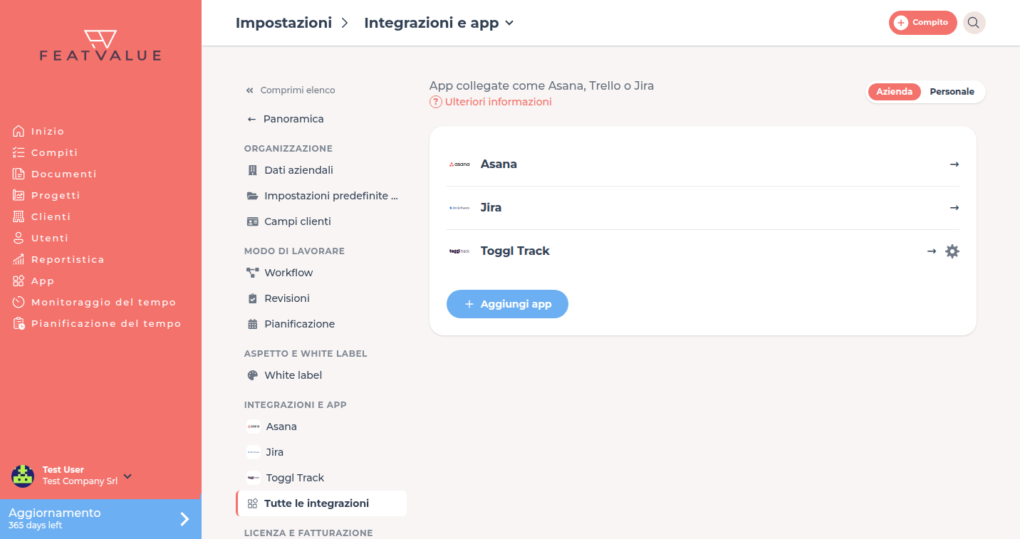 Pagina di dettaglio Integrazioni e app con l’elenco delle app collegate e Aggiungi app