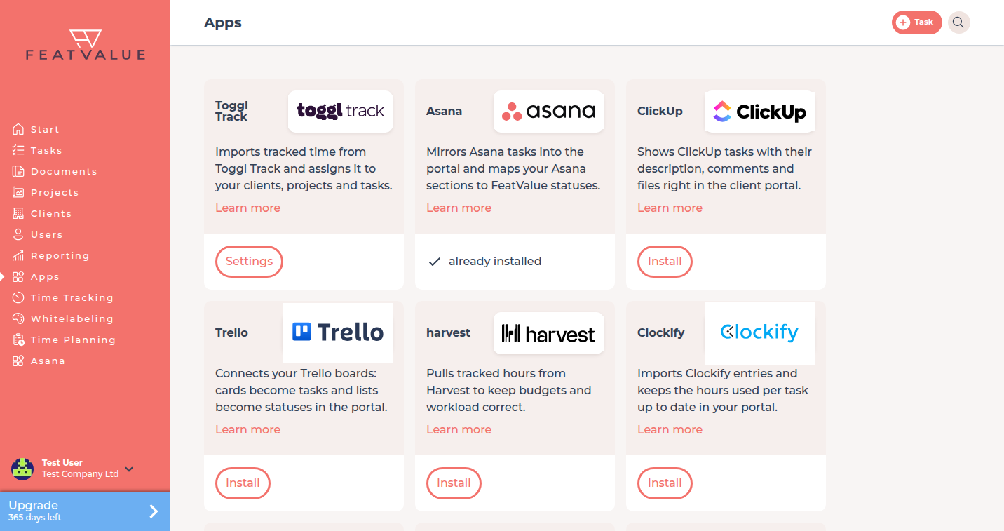 Apps catalog with cards for Teamhood, WordPress, HubSpot, Scoro and Install buttons
