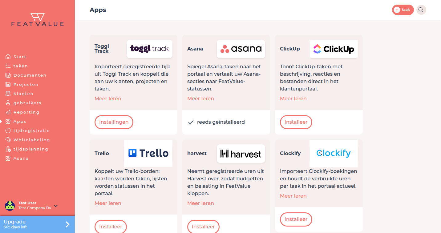 App-catalogus met tijdregistratie- en projectmanagementtools