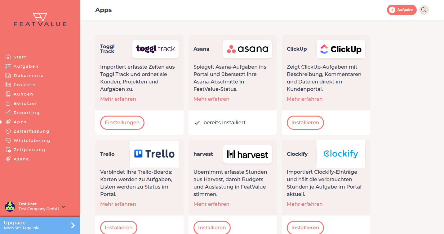 App-Katalog mit Karten für Teamhood, WordPress, HubSpot, Scoro und Installieren