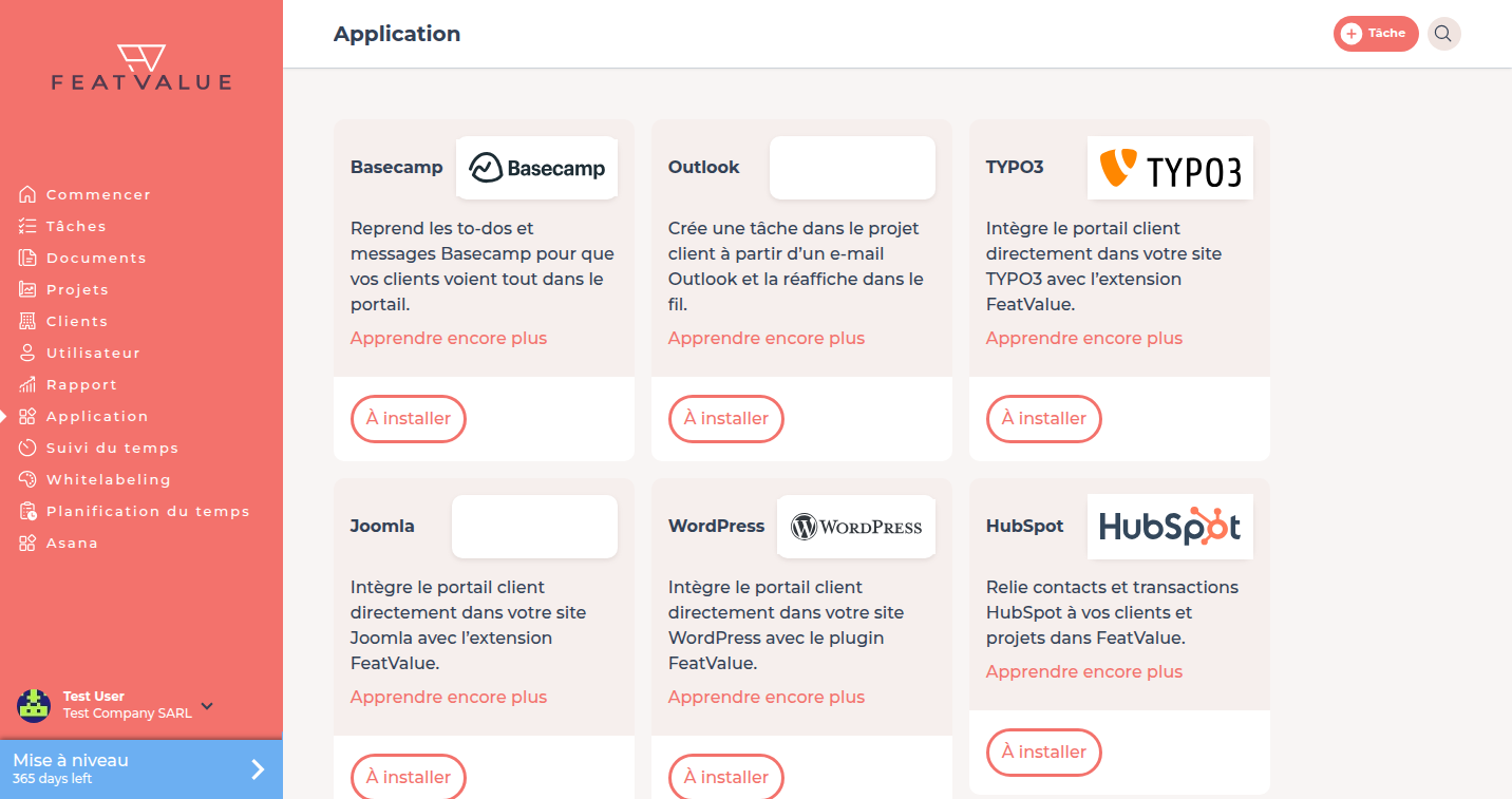 Catalogue d’applications avec les cartes Toggl Track, Asana et ClickUp et les actions Paramètres, déjà installé et Installer
