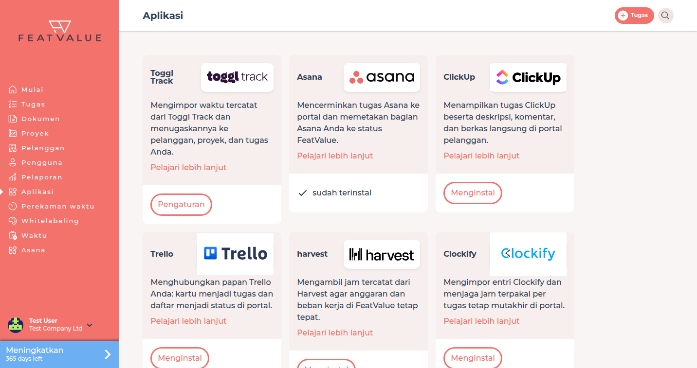 Katalog aplikasi dengan alat Perekaman waktu dan manajemen proyek