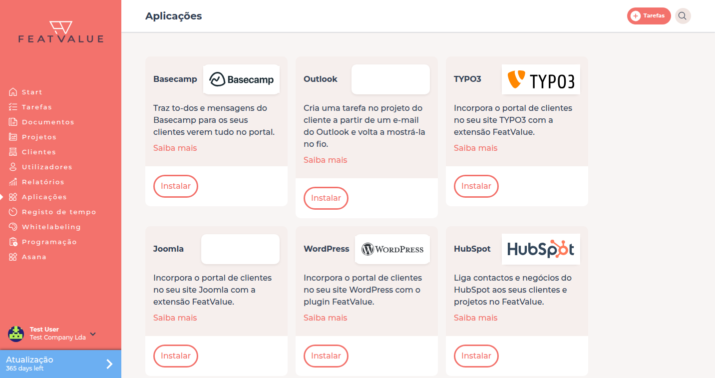 Catálogo de aplicações com Toggl Track, Harvest e Clockify ao lado de ferramentas de gestão de projetos