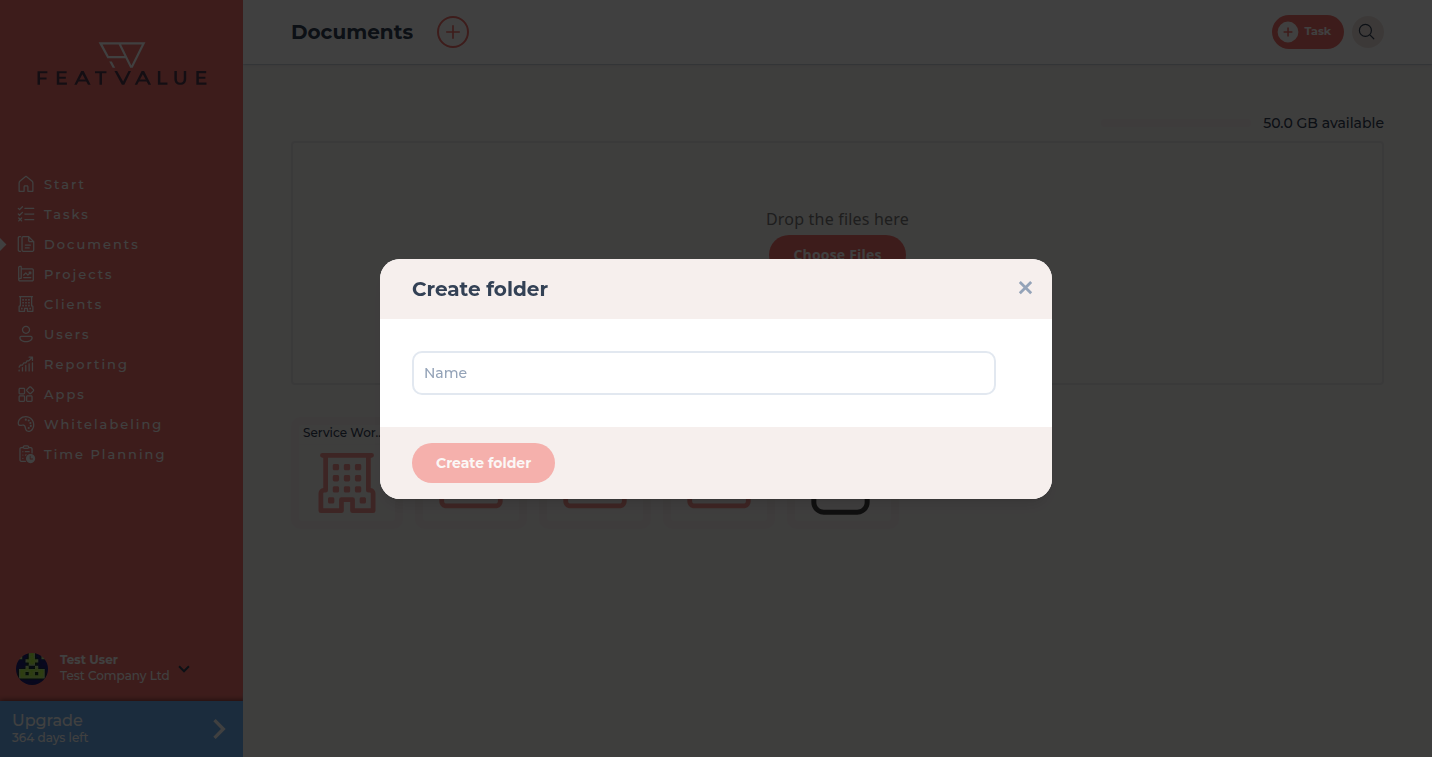 Dialog Create folder with a name field and the Create folder button