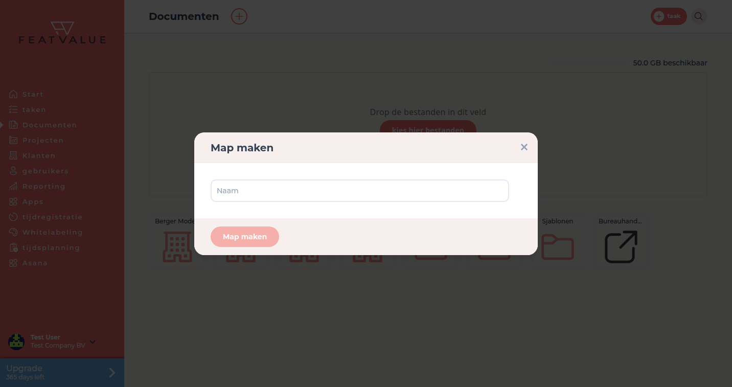 Dialoog Map maken met naamveld en de knop Map maken